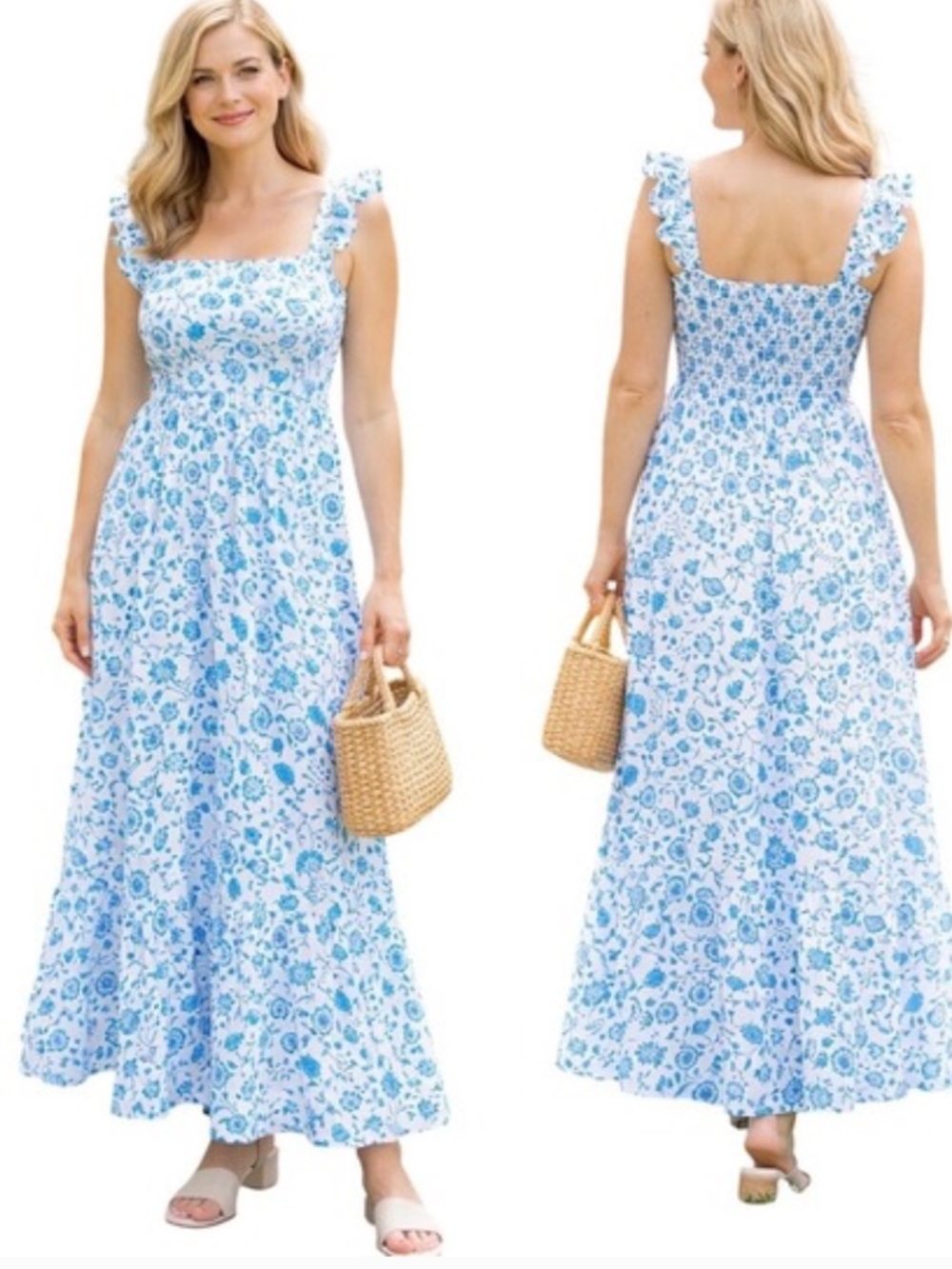 Draper James Blue Paisley Floral Smocked Maxi Dress M Southern Garden Party